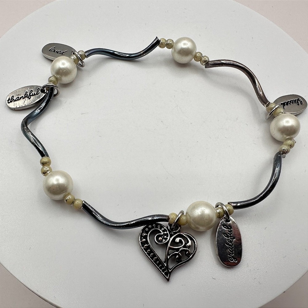 Vintage Y2K Silver Tone Faux Pearl Heart Grateful Charm Bracelet Women's Jewelry